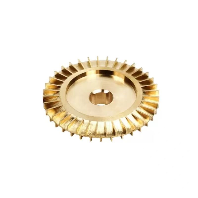 Custom brass CNC machined large turbine wheel with full radial fin pattern for OEM fluid handling