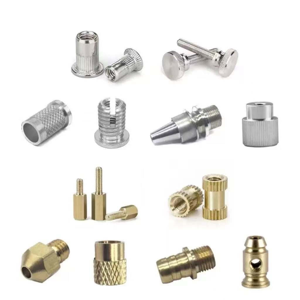 Brass and stainless steel CNC turned parts collection — threaded inserts, knurled thumbscrews, hex nuts, sleeves, decorative caps and milled stainless components for OEM programs