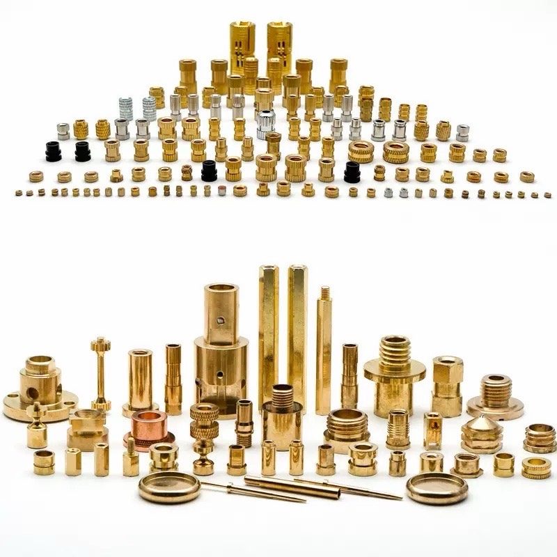 Brass CNC turned parts collection — threaded inserts, knurled knobs, sleeves for OEM programs