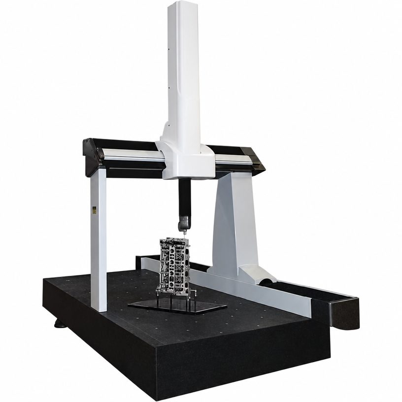 Coordinate measuring machine (CMM) inspecting a machined housing on a granite surface table